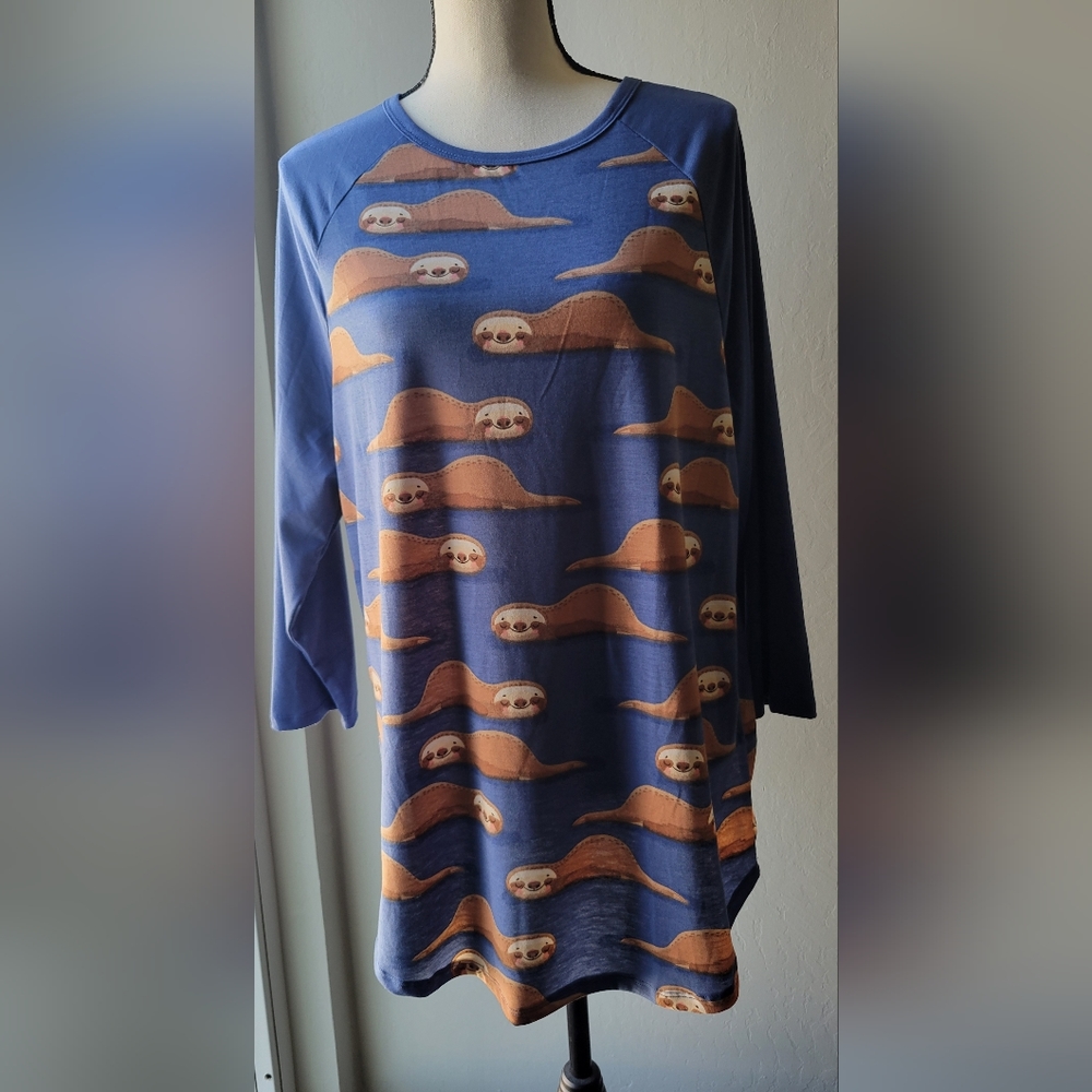 Lularoe Sloth Print Randy Baseball Tee Blue Brown Women's Plus Size 2XL